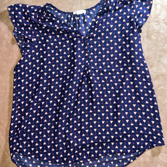 Carolina Belle Montreal Women Med Navy Triangle V-Neck Short Sleeve Blouse (U) - Picture 1 of 5